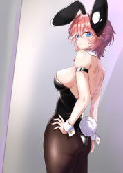 Rule 34 | 1girl, absurdres, alternate costume, animal ears, ass, black leotard, black pantyhose, blue eyes, breasts, collar, detached collar, fake animal ears, fake tail, hand on own hip, head wings, highres, hololive, large breasts, leotard, nail polish, pantyhose, pink hair, pink nails, playboy bunny, rabbit ears, rabbit tail, short hair, sideboob, smile, solo, strapless, strapless leotard, suzuka (suzukawu), tail, takane lui, virtual youtuber, white collar, white wrist cuffs, wings, wrist cuffs