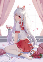 Rule 34 | 1girl, absurdres, anal tail, animal ears, between legs, cat ears, cat tail, chinese commentary, closed mouth, commentary request, curtains, fake tail, flower, grey hair, hair between eyes, hakomusume, highres, indoors, light blush, long hair, looking to the side, maid headdress, midriff, no shoes, original, petals, red skirt, rose, sailor collar, school uniform, serafuku, sitting, skirt, smile, soles, sunlight, tail, tail removed, thighhighs, thighs, vase, wariza, white thighhighs
