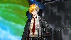 Rule 34 | 1boy, belt, black coat, black gloves, blonde hair, coat, collared shirt, game cg, gloves, halberd, highres, id card, limbus company, nai ga, necktie, official art, open clothes, open coat, polearm, project moon, red necktie, shirt, short hair, sinclair (project moon), snake, solo, split screen, suspenders, weapon, white shirt, yellow eyes