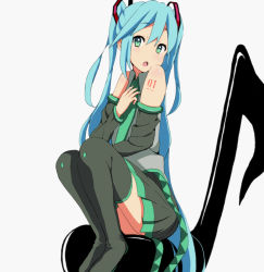 Rule 34 | 1girl, aqua hair, detached sleeves, green eyes, hatsune miku, kaiman, long hair, musical note, nail polish, necktie, open mouth, sitting, skirt, solo, thighhighs, twintails, very long hair, vocaloid, white background