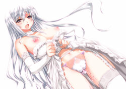 Rule 34 | 1girl, alric, blush, boku no party ga shuraba sugite sekai ga sukuenai, breasts, cameltoe, clothes lift, dress, dress lift, elbow gloves, eyebrows, garter straps, gloves, grey eyes, large breasts, long hair, nipples, open mouth, original, panties, peeing, pussy juice, pussy juice drip through clothes, pussy juice stain, silver hair, simple background, skirt, skirt lift, solo, sweena, thick eyebrows, thighhighs, underwear, upskirt, wet, wet clothes, wet panties, white dress, white thighhighs