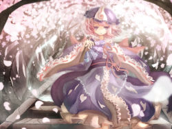 Rule 34 | 1girl, chii (tsumami tsumamare), hand fan, female focus, flower, hat, japanese clothes, long sleeves, open mouth, petals, pink eyes, pink hair, saigyouji yuyuko, solo, touhou, tree, triangular headpiece, wide sleeves