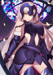 Rule 34 | 1girl, armor, bare shoulders, black gloves, breasts, chain, elbow gloves, fate/grand order, fate (series), flag, fur trim, gauntlets, gloves, greaves, grin, helmet, highres, jeanne d&#039;arc (fate), jeanne d&#039;arc alter (avenger) (fate), jeanne d&#039;arc alter (avenger) (third ascension) (fate), jeanne d&#039;arc alter (fate), langya beike, long hair, looking at viewer, navel, sheath, sheathed, silver hair, smile, solo, stained glass, sword, thighhighs, very long hair, weapon, yellow eyes