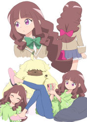 Rule 34 | 1girl, blouse, blue pants, blunt bangs, brown hair, closed mouth, commentary request, copyright request, digimon, digimon (creature), digimon ghost game, green shirt, highres, kikurage (crayon arts), long hair, multiple views, pants, pink eyes, pink footwear, school uniform, shirt, simple background, smile, white background