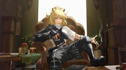 Rule 34 | 1girl, absurdres, alcohol, animal ear fluff, animal ears, arknights, armchair, artist name, asymmetrical clothes, backlighting, belt, black gloves, black nails, black pants, blonde hair, book, breasts, ceiling light, chair, cigar, clock, closed mouth, cup, fingerless gloves, gloves, grandfather clock, highres, holding, holding cup, indoors, large breasts, leg up, lion ears, long hair, long sleeves, looking at viewer, nail polish, official alternate costume, painting (object), pants, plant, ponytail, potted plant, shelf, shirt, short sleeves, siege (arknights), siege (city destroyer) (arknights), single glove, sitting, smoke, solo, table, whiskey, white shirt, window, yellow eyes, ziyiganmu