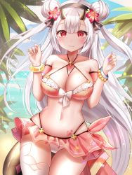 1girl bad_id bad_twitter_id bangle bare_shoulders bead_bracelet beads bikini bikini_skirt blush bracelet breasts cleavage double_bun dragon_girl dragon_horns dragon_tail epic_seven fang hair_bun hair_ornament hairband halterneck hands_up highres honyang horns jewelry large_breasts long_hair looking_at_viewer multi-strapped_bikini nail_polish orange_bikini pointy_ears red_eyes sidelocks single_thighhigh skin_fang smile swimsuit tail thighhighs thighs two_side_up very_long_hair white_hair yufine_(epic_seven)