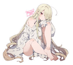 Rule 34 | 1girl, ahoge, bare shoulders, blonde hair, blush, collarbone, doll joints, dress, edel (ikeuchi tanuma), fingernails, full body, hair over one eye, highres, ikeuchi tanuma, joints, long hair, looking afar, nail polish, off-shoulder dress, off shoulder, original, red eyes, red nails, simple background, solo, thighs, toenail polish, toenails, very long hair, white background, white dress