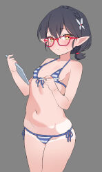 Rule 34 | 1girl, absurdres, ayane (blue archive), ayane (swimsuit) (blue archive), bad id, bad twitter id, bikini, black hair, blue archive, blush, breasts, glasses, goyain, grey background, hair between eyes, hair ornament, highres, holding, looking at viewer, low ponytail, orange eyes, pointy ears, ponytail, red-framed eyewear, short hair, short ponytail, shorts tan, side-tie bikini bottom, simple background, small breasts, solo, striped bikini, striped clothes, sweat, swimsuit, tan, tanline