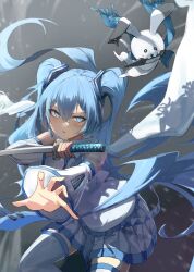 Rule 34 | 1girl, absurdres, animal, bare shoulders, blue eyes, blue hair, blue necktie, blue scarf, cowboy shot, detached sleeves, fighting stance, grey background, grey skirt, grey thighhighs, hair ornament, hatsune miku, highres, holding, holding sword, holding weapon, katana, kawasuru (15miclon), light blue hair, light blush, long hair, midair, miniskirt, mouth hold, necktie, outstretched arm, parted lips, pleated skirt, rabbit, rabbit yukine, scarf, shadow, shirt, shoulder tattoo, skirt, sleeveless, sleeveless shirt, sword, tattoo, thighhighs, tsurime, twintails, v-shaped eyebrows, very long hair, vocaloid, weapon, weapon in mouth, white scarf, white shirt, yuki miku, yuki miku (2011), zettai ryouiki