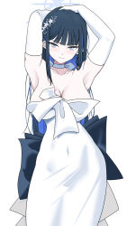 Rule 34 | 1girl, armpits, black hair, blue archive, blue eyes, blush, breasts, choker, closed mouth, collarbone, dress, earrings, elbow gloves, gloves, highres, jewelry, large breasts, long hair, official alternate costume, sakurein, saori (blue archive), saori (dress) (blue archive), simple background, solo, white background, white choker, white dress, white gloves