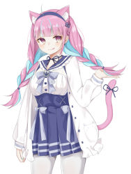 Rule 34 | 1girl, :q, ahoge, anchor symbol, animal ear fluff, animal ears, blue bow, blue hair, blue hairband, blue ribbon, blue sailor collar, blue skirt, blush, bow, braid, breasts, cat ears, cat girl, cat tail, closed mouth, commentary request, frilled sailor collar, frills, hairband, hand up, high-waist skirt, highres, hololive, jacket, long hair, long sleeves, looking at viewer, medium breasts, minato aqua, minato aqua (sailor), multicolored hair, open clothes, open jacket, pantyhose, pink hair, pleated skirt, puffy long sleeves, puffy sleeves, purple eyes, ribbon, sailor collar, shirt, simple background, skirt, smile, solo, swon (joy200892), tail, tail ornament, tail raised, tail ribbon, tongue, tongue out, twin braids, twintails, two-tone hair, very long hair, virtual youtuber, white background, white jacket, white pantyhose, white shirt