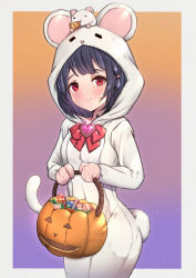 Rule 34 | 1girl, animal, animal costume, animal ears, animal on head, black hair, blush, bow, braid, breasts, brooch, candy, candy cane, cheese, closed mouth, cowboy shot, eating, fake animal ears, fake tail, food, granblue fantasy, hair ornament, halloween bucket, heart, heart brooch, highres, holding, holding food, jewelry, lollipop, long sleeves, looking at viewer, mouse (animal), on head, red bow, red eyes, small breasts, smile, solo, standing, tail, uneg, vikala (granblue fantasy)