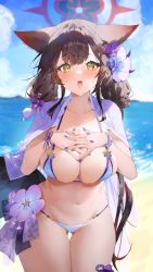 Rule 34 | 1girl, animal ears, beach, bikini, blue archive, blush, bow, breasts, brown hair, cleavage, cowboy shot, day, flower, hair bow, hair flower, hair ornament, halo, hands on own chest, highres, ichibi, jacket, jacket on shoulders, large breasts, long hair, looking at viewer, nail polish, navel, open mouth, outdoors, purple bow, purple flower, purple nails, solo, stomach, string bikini, swimsuit, thigh gap, thighhighs, twintails, very long hair, wakamo (blue archive), wakamo (swimsuit) (blue archive), white bikini, yellow eyes