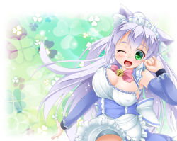 Rule 34 | 1girl, ;d, ahoge, animal ears, breasts, cat ears, commentary request, detached sleeves, covered erect nipples, fang, frills, green eyes, kanna hisashi, large breasts, long hair, looking at viewer, maid, maid headdress, one eye closed, open mouth, original, silver hair, smile, solo