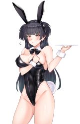 Rule 34 | 1girl, absurdres, animal ears, bare shoulders, black bow, black hair, blunt bangs, blush, bow, breasts, brown eyes, cleavage, collarbone, commentary request, crimecrime, fake animal ears, fake tail, highres, holding, holding plate, idolmaster, idolmaster shiny colors, large breasts, leotard, long hair, looking at viewer, mayuzumi fuyuko, plate, playboy bunny, rabbit ears, rabbit tail, simple background, solo, tail, two side up, white background