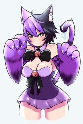 Rule 34 | 1girl, animal ears, animal hands, bare shoulders, bell, black hair, bow, bowtie, breasts, cat ears, cat tail, cheshire cat (monster girl encyclopedia), cleavage, da3rd, detached collar, highres, large breasts, looking at viewer, monster girl encyclopedia, multicolored hair, paw pose, purple hair, signature, simple background, smile, solo, tail, tail raised, two-tone hair, white background