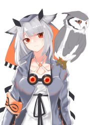 Rule 34 | 1girl, animal, animal on shoulder, arknights, armband, bird, bird on shoulder, black ribbon, criss-cross halter, dress, frown, goggles, goggles around neck, grey hair, grey jacket, halterneck, highres, inniyik, jacket, looking at viewer, medium hair, open clothes, open jacket, owl, owl ears, ptilopsis (arknights), red eyes, rhine lab logo, ribbon, simple background, solo, upper body, white background, white dress