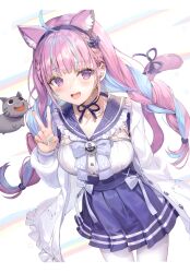Rule 34 | 1girl, :d, absurdres, ahoge, animal ear fluff, animal ears, blue hair, blue nails, blue skirt, blush, braid, breasts, cat ears, cat tail, choker, extra ears, frilled sailor collar, frills, highres, hololive, jacket, large breasts, long hair, long sleeves, looking at viewer, minato aqua, minato aqua (sailor), momoko (momopoco), multicolored hair, neko (minato aqua), open clothes, open jacket, open mouth, pantyhose, pink eyes, pink hair, pleated skirt, puffy long sleeves, puffy sleeves, ribbon, ribbon choker, sailor collar, scan, shirt, skirt, smile, solo, tail, tail ornament, tail ribbon, twin braids, twintails, two-tone hair, v, very long hair, virtual youtuber, white jacket, white pantyhose, white shirt