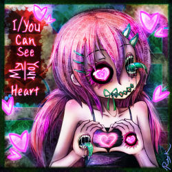 Rule 34 | 1girl, black sclera, colored sclera, hair ornament, hairclip, heart, heart-shaped pupils, highres, monster, monster girl, original, pink eyes, pink hair, ray-k, ribbon, solo, stitched mouth, stitches, symbol-shaped pupils