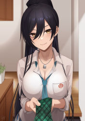 Rule 34 | 1girl, black hair, breast pocket, breasts, cleavage, closed mouth, collarbone, collared shirt, dog tags, earrings, hair between eyes, high ponytail, highres, idolmaster, idolmaster shiny colors, indoors, ironatsuki, jewelry, large breasts, long hair, looking at viewer, necktie, pocket, ponytail, pov, school uniform, shirase sakuya, shirt, smile, solo, stud earrings, upper body, very long hair, white shirt, yellow eyes