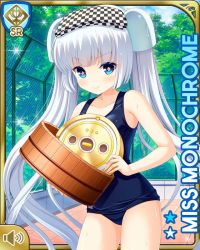 Rule 34 | 1girl, barefoot, blue eyes, blue one-piece swimsuit, blunt bangs, card, character name, checker pattern, closed mouth, competition swimsuit, day, film reel, girlfriend (kari), miss monochrome, miss monochrome (character), official art, one-piece swimsuit, outdoors, pool, poolside, qp:flapper, school uniform, solo, swimsuit, tagme, twintails, white hair