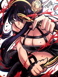 Rule 34 | 1girl, bare shoulders, black hair, blood, bracelet, breasts, chibi, chibi inset, cleavage, closed mouth, dual wielding, eyelashes, fingernails, flower, hair flower, hair ornament, hairband, hatching (texture), highres, holding, holding weapon, jewelry, long eyelashes, long fingernails, long hair, looking at viewer, multicolored hair, pink eyes, purple hair, shaded face, signature, skindentation, solo, spy x family, takumi watanuki, thighhighs, weapon, yor briar