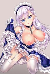 Rule 34 | 1girl, akizuki akina, apron, asymmetrical bangs, azur lane, belfast (azur lane), blue eyes, blush, bow, bow panties, braid, grabbing another&#039;s breast, breasts, chain, choker, clothes lift, collarbone, dress, dress lift, frilled dress, frilled garter belt, frilled panties, frilled sleeves, frills, garter belt, garter straps, gloves, gluteal fold, grabbing, grey background, hand up, highres, kneeling, large breasts, lifting own clothes, lips, long hair, looking at viewer, lowleg, lowleg panties, maid, maid apron, maid headdress, nipples, open mouth, panties, side-tie panties, silver hair, simple background, skirt, skirt lift, sleeveless, smile, solo, thighhighs, underwear, white gloves, white panties, white thighhighs