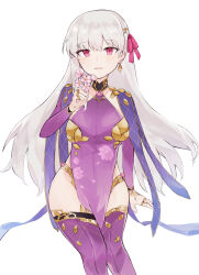Rule 34 | 1girl, absurdres, commentary, detached sleeves, earrings, fate/grand order, fate (series), flower, gold trim, hair ribbon, highres, holding, holding flower, invisible chair, jewelry, kama (fate), kama (second ascension) (fate), long hair, looking at viewer, moto tune, pelvic curtain, pink flower, pink ribbon, red eyes, ribbon, simple background, sitting, smile, solo, symbol-only commentary, very long hair, white background, white hair