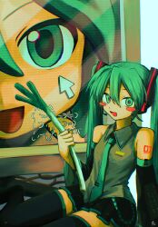 Rule 34 | 2girls, arm support, black footwear, black skirt, black sleeves, blush stickers, boots, collared shirt, cursor, detached sleeves, dual persona, food, green eyes, green hair, green necktie, grey shirt, hair between eyes, hair ornament, hand up, hatsune miku, headset, highres, holding, holding food, holding spring onion, holding vegetable, kaomoji, long hair, looking at viewer, mikudayoo, miniskirt, monitor, multiple girls, necktie, number tattoo, open mouth, pleated skirt, scanlines, shirt, shoulder tattoo, signature, sitting, skirt, sleeveless, sleeveless shirt, smile, spring onion, suuno kamibukuro, tattoo, thigh boots, twintails, vegetable, vocaloid, yokozuwari