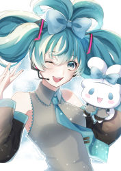 Rule 34 | 1girl, blue bow, blue eyes, blue necktie, bow, breasts, cinnamiku, cinnamoroll, collared shirt, cosplay, detached sleeves, ear bow, grey shirt, hair bow, hair rings, hatsune miku, hatsune miku (cosplay), highres, necktie, one eye closed, open hand, ri ri 0818, sanrio, shirt, sleeveless, sleeveless shirt, small breasts, smile, tied ears, twintails, updo, vocaloid