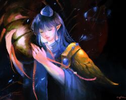 Rule 34 | 1girl, armor, ball, blue dress, blue hair, closed eyes, dark blue hair, dress, hands up, hat, highres, holding, holding ball, iizunamaru megumu, lips, long hair, nose, parted lips, pauldrons, pointy ears, realistic, rylusus, shoulder armor, simple background, single pauldron, solo, tokin hat, touhou, wide sleeves