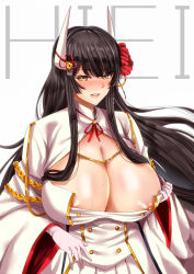 Rule 34 | 10s, 1girl, azur lane, black hair, blush, breasts, cleavage, cleavage cutout, clothing cutout, commentary, flower, gloves, hair flower, hair ornament, hiei (azur lane), horn bell, horn ornament, horn ribbon, horns, huge breasts, long hair, looking at viewer, nipple slip, nipples, parted lips, pleated skirt, ribbon, rose, skirt, solo, sweat, top pull, white gloves, yamada naoko (hideko1227), yellow eyes
