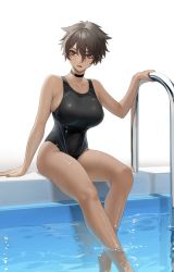 Rule 34 | 1girl, bad id, bad twitter id, black choker, black one-piece swimsuit, breasts, brown hair, choker, collarbone, commentary request, dark-skinned female, dark skin, hair between eyes, large breasts, looking to the side, micchan (ohisashiburi), ohisashiburi, one-piece swimsuit, original, pool, red eyes, short hair, simple background, solo, swimsuit, water, white background