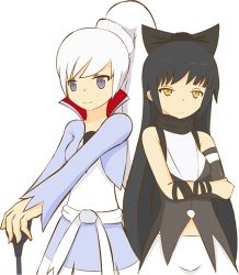 Rule 34 | 2girls, black hair, blake belladonna, blue eyes, bow, crossed arms, dress, female focus, hair bow, multiple girls, ponytail, ribbon, rong rong, rwby, simple background, smile, weiss schnee, white background, white hair, yellow eyes