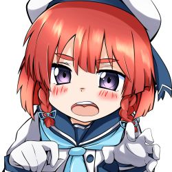 Rule 34 | 1girl, bad id, bad twitter id, beret, blue neckerchief, blue sailor collar, blush, commentary request, etorofu (kancolle), gloves, hair ribbon, hat, highres, hitonounti, kantai collection, long sleeves, neckerchief, open mouth, purple eyes, red hair, ribbon, sailor collar, short hair, simple background, tress ribbon, upper body, white background, white gloves
