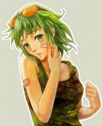 Rule 34 | 1girl, bandaid, bandaid on arm, bandaid on face, bokura no 16bit warz (vocaloid), bokuto, camouflage, eyewear on head, female focus, glasses, green hair, grey background, gumi, outline, short hair, simple background, solo, tank top, upper body, vocaloid
