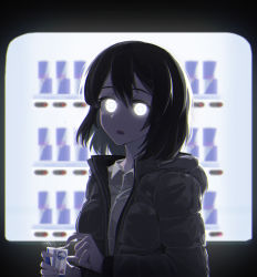 Rule 34 | 1girl, bad id, bad pixiv id, black hair, black jacket, blank stare, bob cut, can, commentary request, crowcrycaw, dress shirt, drink, energy drink, expressionless, glitch, glowing, glowing eyes, hair strand, holding, holding can, holding drink, hood, hood down, jacket, jaw drop, korean commentary, looking at viewer, lowered eyelids, night, open clothes, open jacket, open mouth, opening can, original, red bull, shirt, short hair, solo, vending machine, white eyes, white shirt