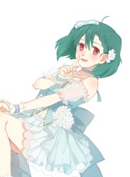 Rule 34 | 1girl, absurdres, ahoge, alternate costume, blue dress, bow, braid, chiyomaru (yumichiyo0606), choker, crown braid, detached sleeves, dress, dutch angle, finger to mouth, flower, green hair, hair bow, hair flower, hair ornament, highres, jewelry, macross, macross frontier, necklace, pearl necklace, ranka lee, red eyes, ribbon choker, see-through, short hair, smile, solo