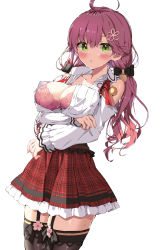 Rule 34 | 1girl, absurdres, ahoge, ama rei, arm under breasts, bell, bra, breasts, brown skirt, collared shirt, commentary request, cowboy shot, dress shirt, flower, green eyes, hair flower, hair ornament, highres, hololive, jingle bell, large breasts, long hair, long sleeves, looking at viewer, miniskirt, open clothes, open shirt, parted lips, pink bra, pink hair, plaid, plaid skirt, red skirt, sakura miko, sakura miko (casual), shirt, simple background, skirt, solo, standing, thighhighs, twintails, underwear, virtual youtuber, white background, white shirt