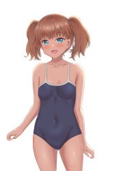 Rule 34 | 1girl, absurdres, alice cartelet, blonde hair, blue eyes, blush, female focus, highres, looking at viewer, one-piece swimsuit, school swimsuit, smile, solo, standing, swimsuit, twintails, white background
