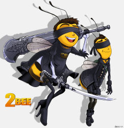 Rule 34 | 2b (nier:automata), 2b (nier:automata) (cosplay), 2boys, 9s (nier:automata) (cosplay), absurdres, adam flayman, antennae, bad id, bad tumblr id, barry b. benson, bee, bee movie, bee wings, black blindfold, black coat, black dress, black gloves, black pantyhose, black shorts, blindfold, boots, brown hair, bug, buttons, coat, colored skin, commentary, cosplay, double-breasted, dress, dual wielding, english commentary, full body, gloves, highres, holding, holding sword, holding weapon, insect, juliet sleeves, katana, long sleeves, multiple boys, nier:automata, nier (series), open mouth, pantyhose, puffy sleeves, pun, shadman, shadow, short hair, shorts, signature, simple background, smile, sword, teeth, thigh boots, upper teeth only, weapon, white background, white gloves, wings, yellow skin, 9s (nier:automata)