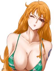 Rule 34 | 1girl, absurdres, arms behind back, artist request, bikini, blowing kiss, breasts, brown eyes, cleavage, collarbone, green bikini, hair between eyes, highres, large breasts, long hair, looking at viewer, nami (one piece), one eye closed, one piece, orange hair, parted lips, shoulder tattoo, signature, solo, string bikini, striped bikini, striped clothes, swimsuit, tattoo, two-tone bikini, upper body, white background, white bikini, zylowse