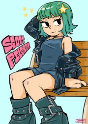 Rule 34 | 1girl, artist name, bench, black dress, black eyes, black footwear, blush, breasts, closed mouth, copyright name, danny but spooky, dress, green hair, hair ornament, hand up, highres, jacket, looking at viewer, off shoulder, open clothes, open jacket, ramona flowers, scott pilgrim (series), shoes, short hair, single bare shoulder, sitting, small breasts, smile, solo, star (symbol), star hair ornament