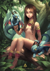 Rule 34 | 1girl, anklet, armlet, barefoot, brown eyes, brown hair, closed mouth, commentary, day, deviantart username, dragon, english commentary, forest, hair censor, hair over breasts, jewelry, long hair, looking at viewer, nature, nude, oopartz yang, original, outdoors, parted bangs, smile, solo, tree