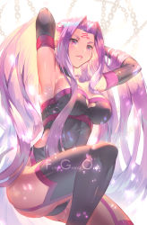 Rule 34 | 1girl, armpits, arms up, breasts, cleavage, cleavage cutout, clothing cutout, commentary, elbow gloves, facial mark, fate/grand order, fate (series), female focus, forehead mark, gloves, hip vent, large breasts, leotard, long hair, looking away, matching hair/eyes, medusa (fate), medusa (rider) (fate), medusa (rider) (third ascension) (fate), open mouth, purple eyes, purple hair, simple background, solo, tattoo, thighhighs, very long hair, white background, yoshimoto (dear life)