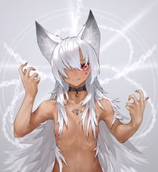 Rule 34 | 1girl, :q, animal ears, armpits, arms up, black choker, blush, breasts, bright pupils, chain, choker, closed mouth, collarbone, convenient censoring, dark skin, dark-skinned female, facial mark, fox ears, fox girl, grey background, hair censor, hair over breasts, hair over one eye, highres, kesuno, long hair, looking at viewer, nail polish, nude, original, red eyes, red nails, silver hair, small breasts, smile, solo, tattoo, tongue, tongue out, upper body, very long hair