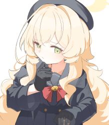 Rule 34 | 1girl, ahoge, beret, black hat, black sailor collar, blonde hair, blue archive, blush, bow, bowtie, green eyes, halo, hat, highres, long hair, long sleeves, looking at viewer, professor niyaniya (blue archive), red bow, red bowtie, sailor collar, simple background, solo, tatara (alnath may)