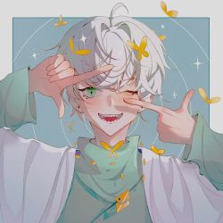 Rule 34 | 1boy, bishounen, bug, butterfly, finger frame, grateful shell collector, green eyes, highres, insect, male focus, sky: children of the light, solo, white hair, xiaozhu37324, yellow butterfly