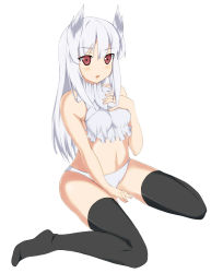 Rule 34 | 1girl, bad id, bad pixiv id, black thighhighs, blush, camisole, heidimarie w. schnaufer, lm-kir, navel, open mouth, panties, red eyes, sitting, sleeveless, solo, strike witches, thighhighs, underwear, underwear only, wariza, white background, white hair, white panties, world witches series