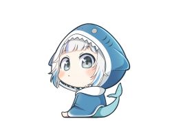 Rule 34 | 1girl, animal hood, barefoot, big head, blue hair, blue hoodie, chibi, commentary request, fins, fish tail, from behind, gawr gura, grey eyes, grey hair, hololive, hololive english, hood, hood up, hoodie, looking at viewer, looking back, moja (mojya 777), multicolored hair, shark hood, shark tail, simple background, sitting, solo, streaked hair, tail, virtual youtuber, white background